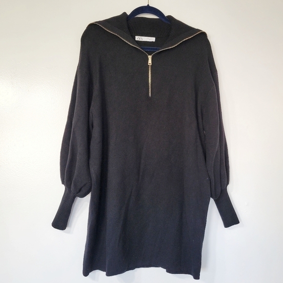ZARA Black Mini Knit Jumper Dress with Gold Accent Zip Size Medium - Picture 3 of 9